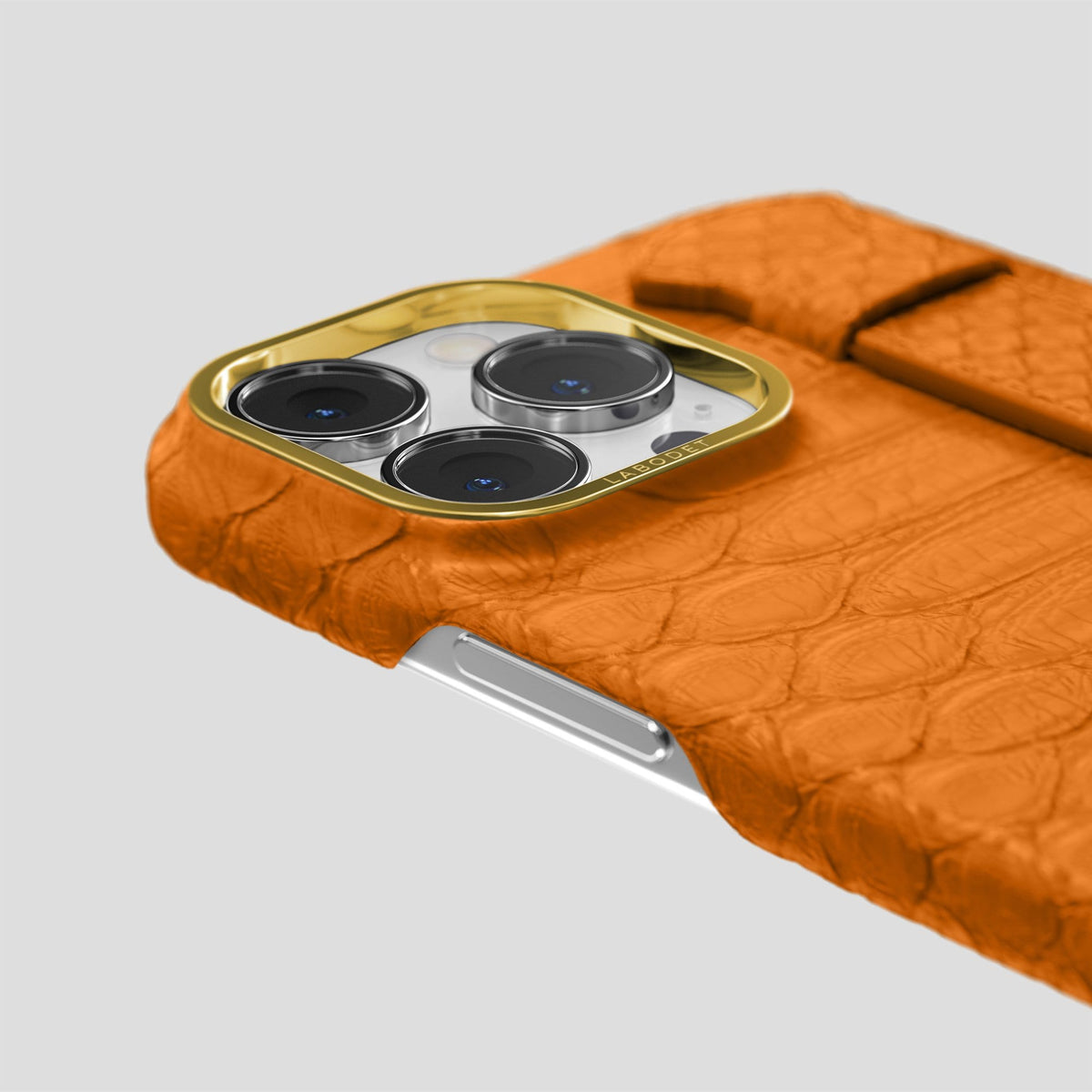 Orange iPhone 14 Pro Strap Case Python with Gold Metal -7 | Orange-Gold
