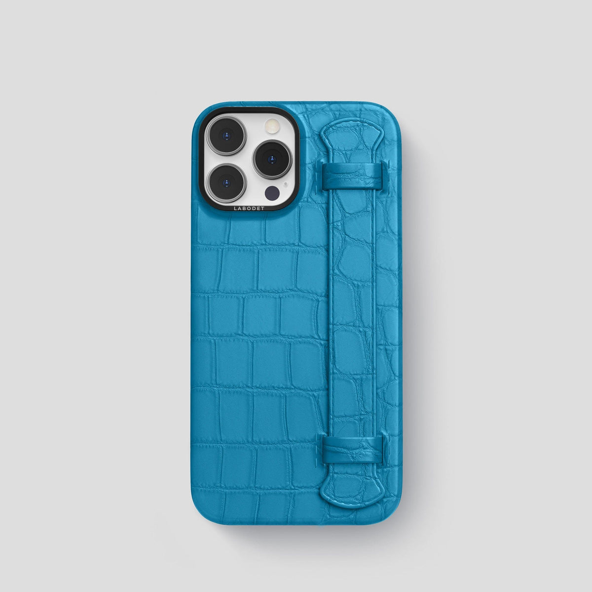 Curaçao-Blue iPhone 14 Pro Strap Case Alligator with Black Metal -1 | Curaçao-Blue-Black