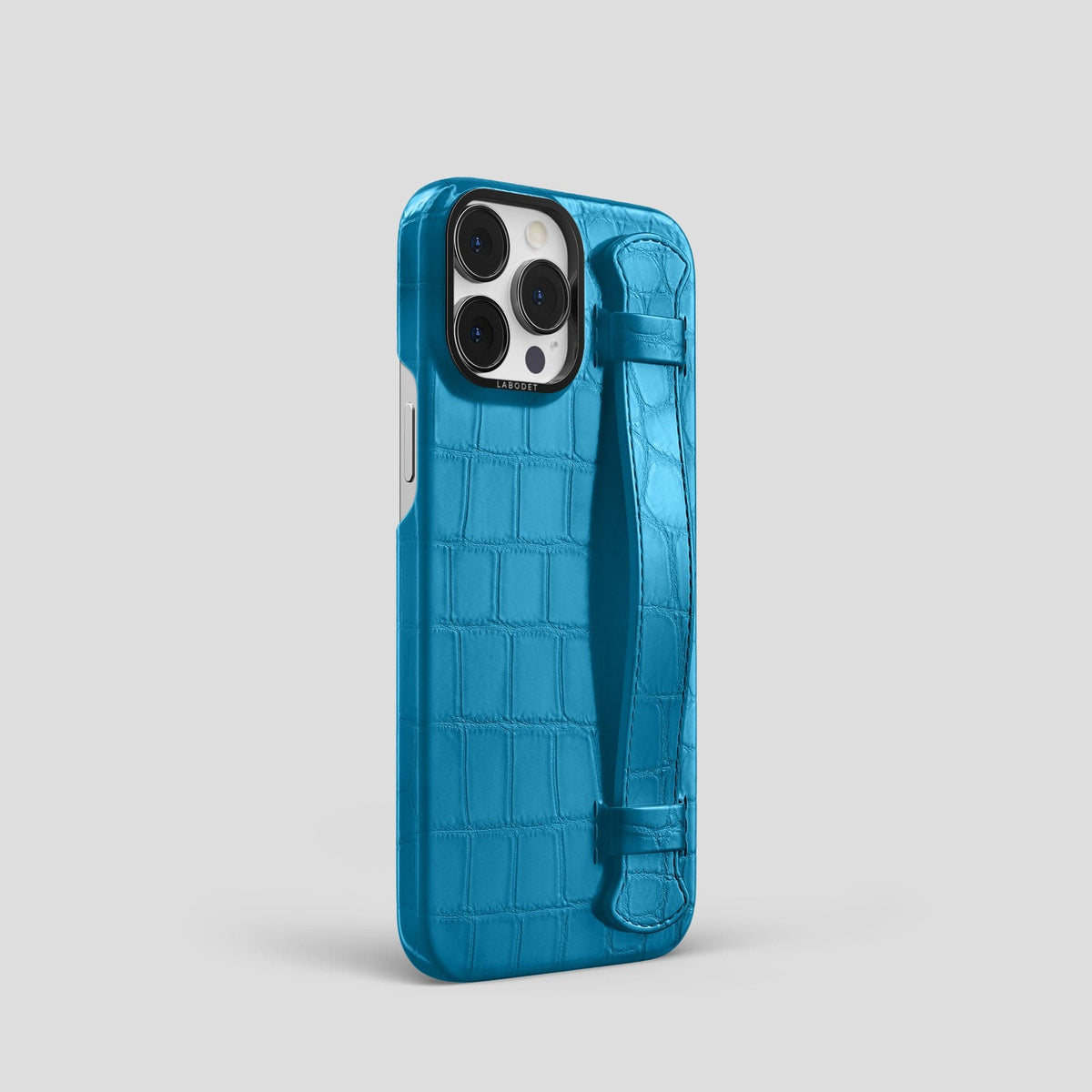 Curaçao-Blue iPhone 14 Pro Strap Case Alligator with Black Metal -2 | Curaçao-Blue-Black
