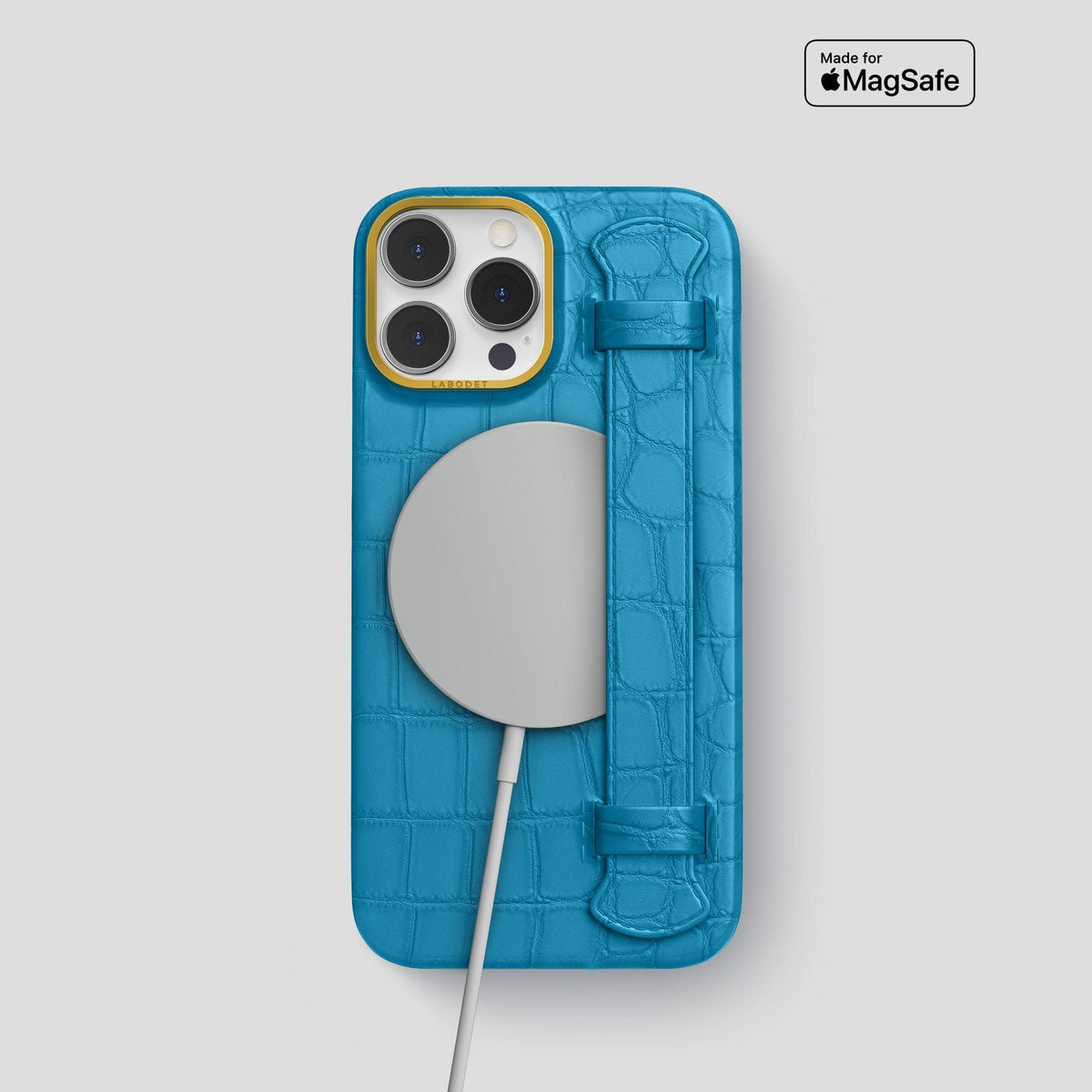 Curaçao-Blue iPhone 14 Pro Strap Case Alligator with Gold Metal -4 | Curaçao-Blue-Gold