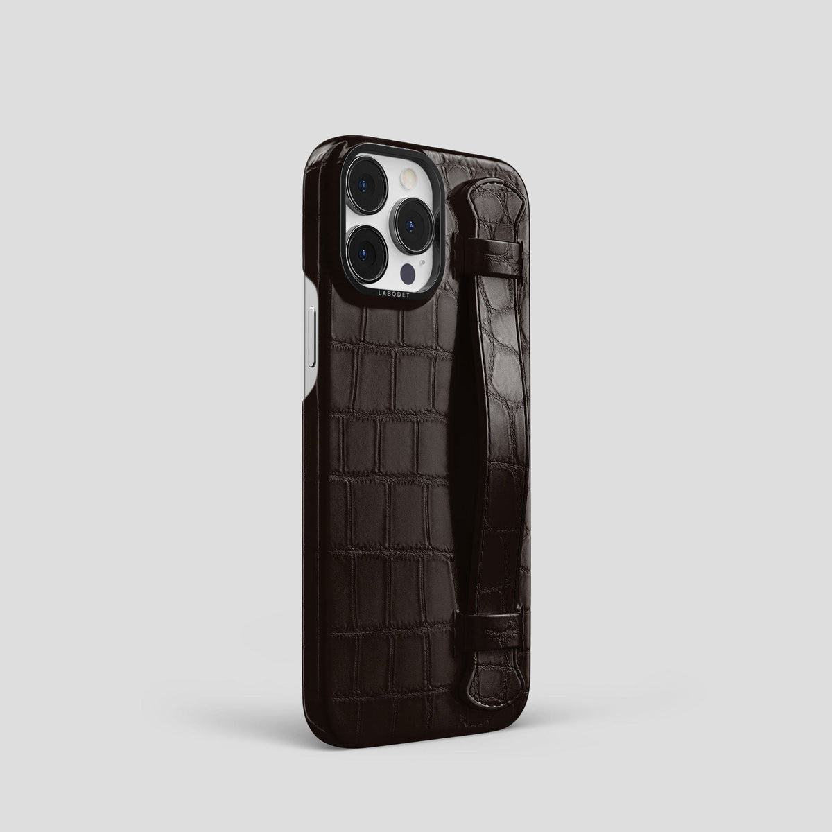 Dark Brown iPhone 14 Pro Strap Case Alligator with Black Metal -2 | Dark-Brown-Black