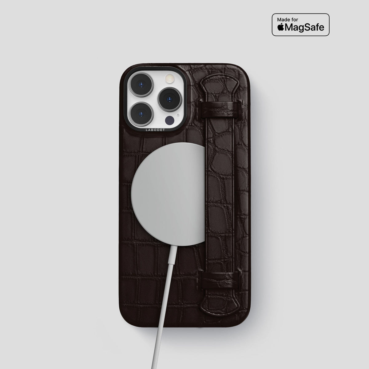 Dark Brown iPhone 14 Pro Strap Case Alligator with Black Metal -4 | Dark-Brown-Black