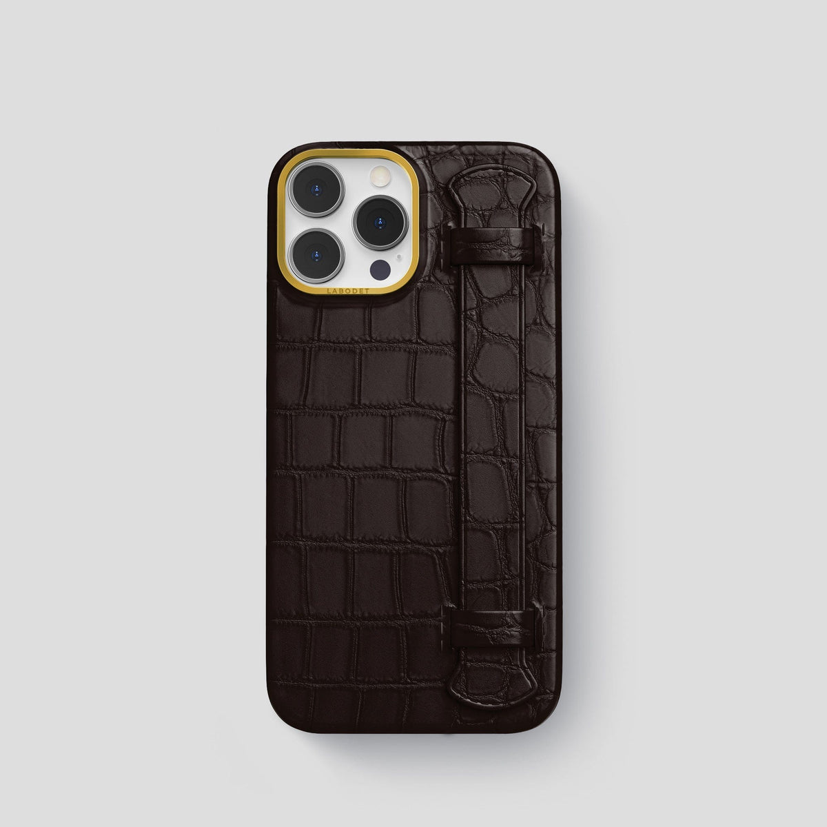 Dark Brown iPhone 14 Pro Strap Case Alligator with Gold Metal -1 | Dark-Brown-Gold