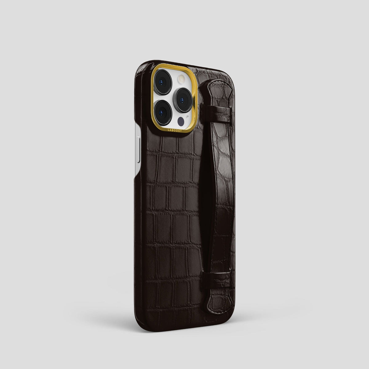 Dark Brown iPhone 14 Pro Strap Case Alligator with Gold Metal -2 | Dark-Brown-Gold
