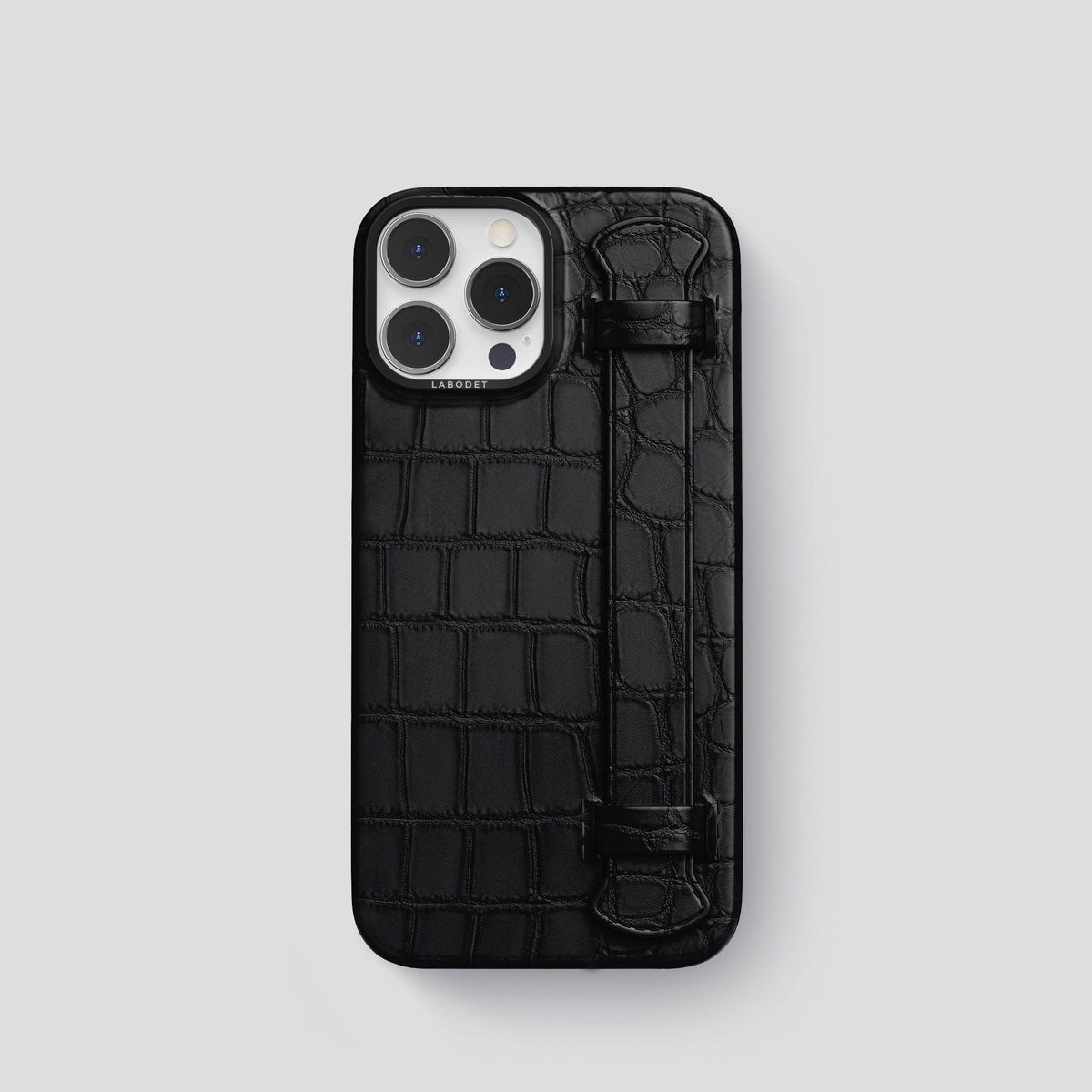 Black iPhone 14 Pro Strap Case Alligator with Black Metal -1 | Black-Black