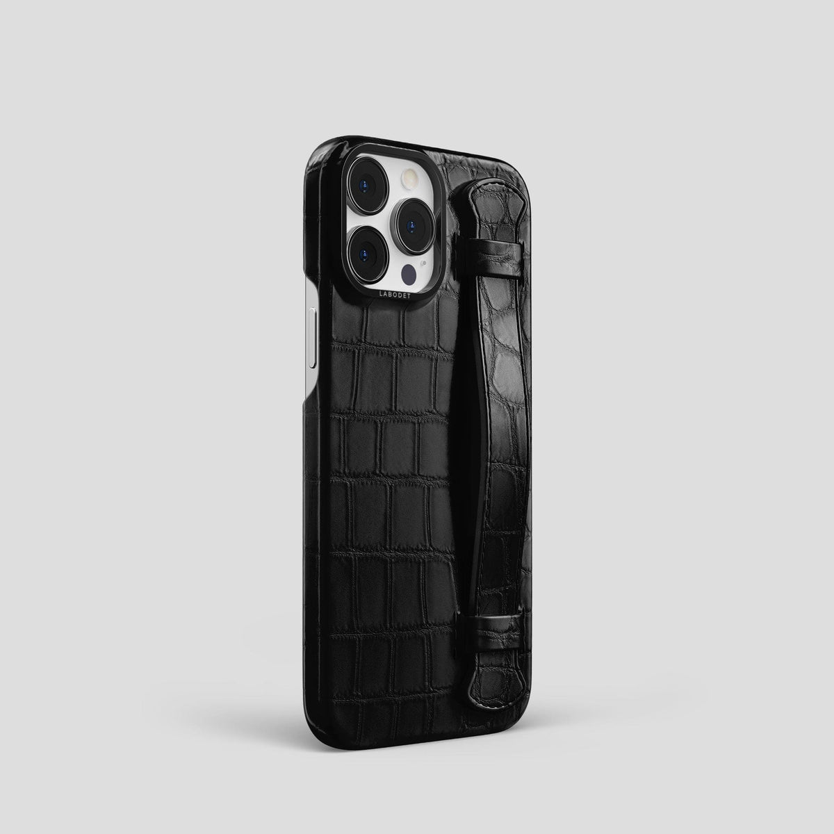 Black iPhone 14 Pro Strap Case Alligator with Black Metal -2 | Black-Black