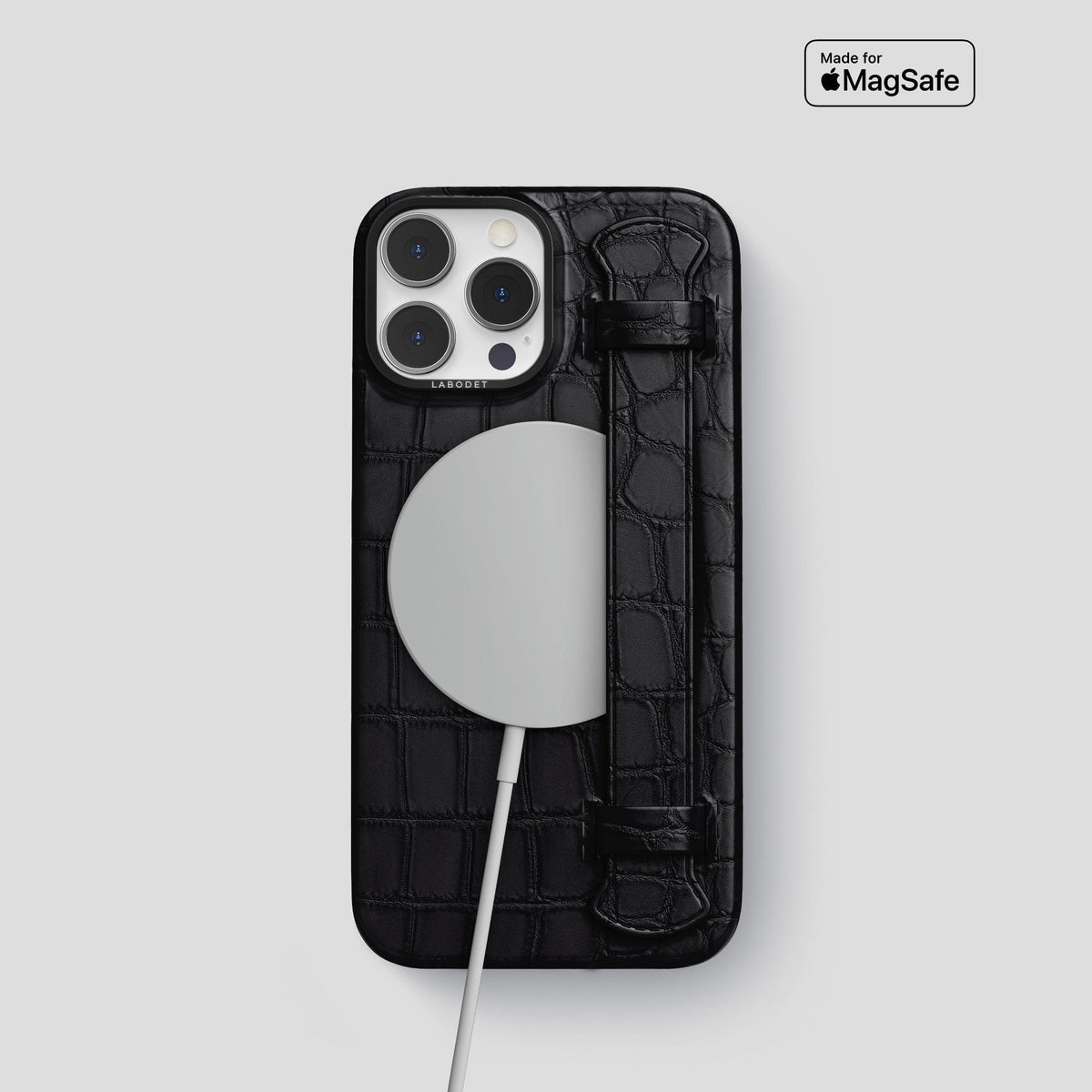 Black iPhone 14 Pro Strap Case Alligator with Black Metal -4 | Black-Black