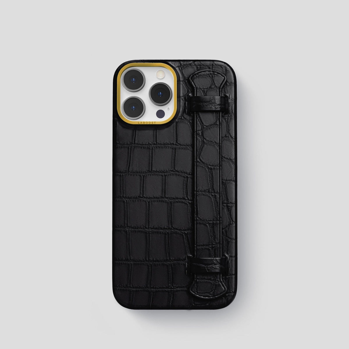 Black iPhone 14 Pro Strap Case Alligator with Gold Metal -1 | Black-Gold