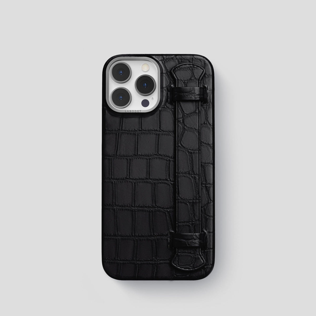 Black iPhone 14 Pro Strap Case Alligator with Steel Metal -1 | Black-Steel