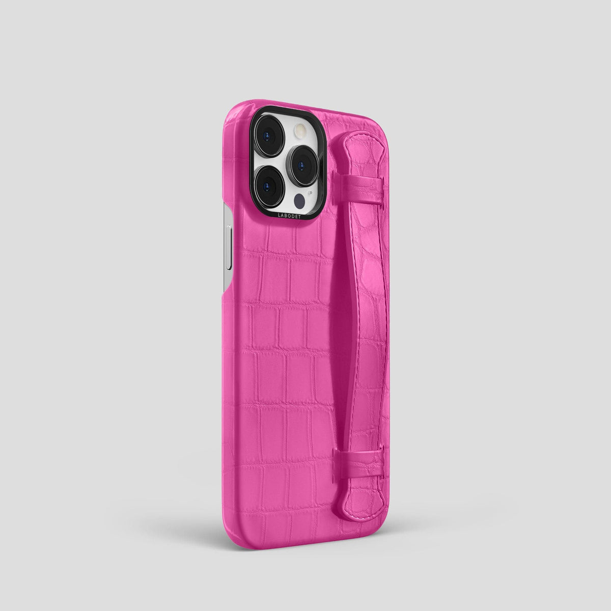 Fuchsia iPhone 14 Pro Strap Case Alligator with Black Metal -2 | Fuchsia-Black