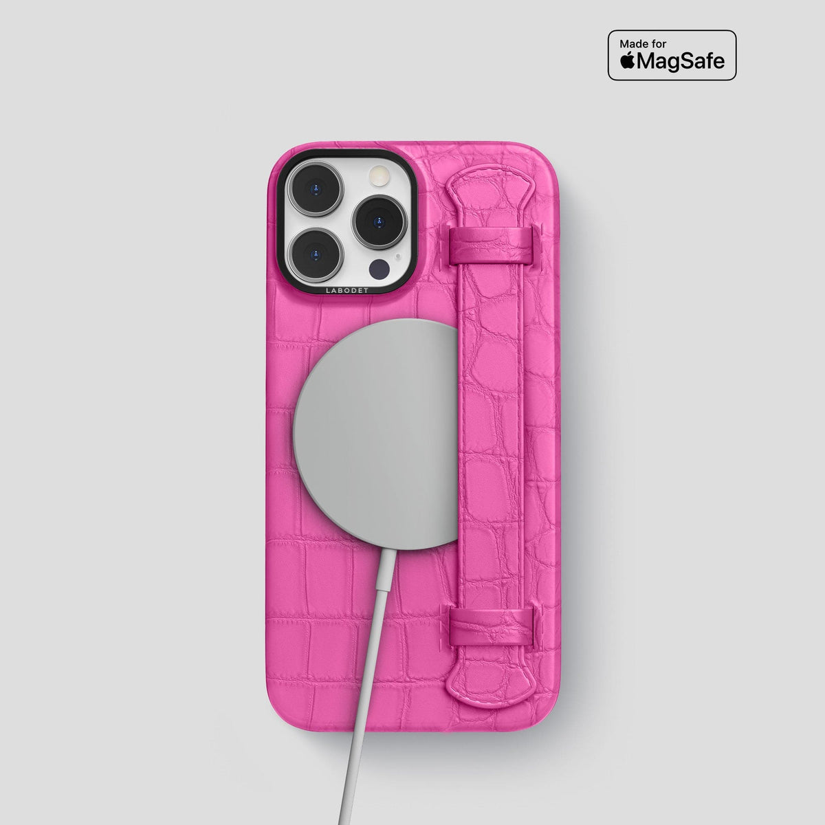 Fuchsia iPhone 14 Pro Strap Case Alligator with Black Metal -4 | Fuchsia-Black