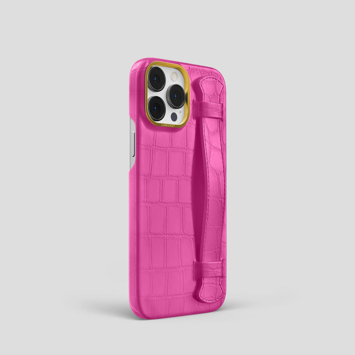 Fuchsia iPhone 14 Pro Strap Case Alligator with Gold Metal -2 | Fuchsia-Gold