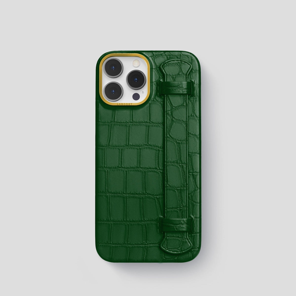 Forest-Green iPhone 14 Pro Strap Case Alligator with Gold Metal -1 | Forest-Green-Gold