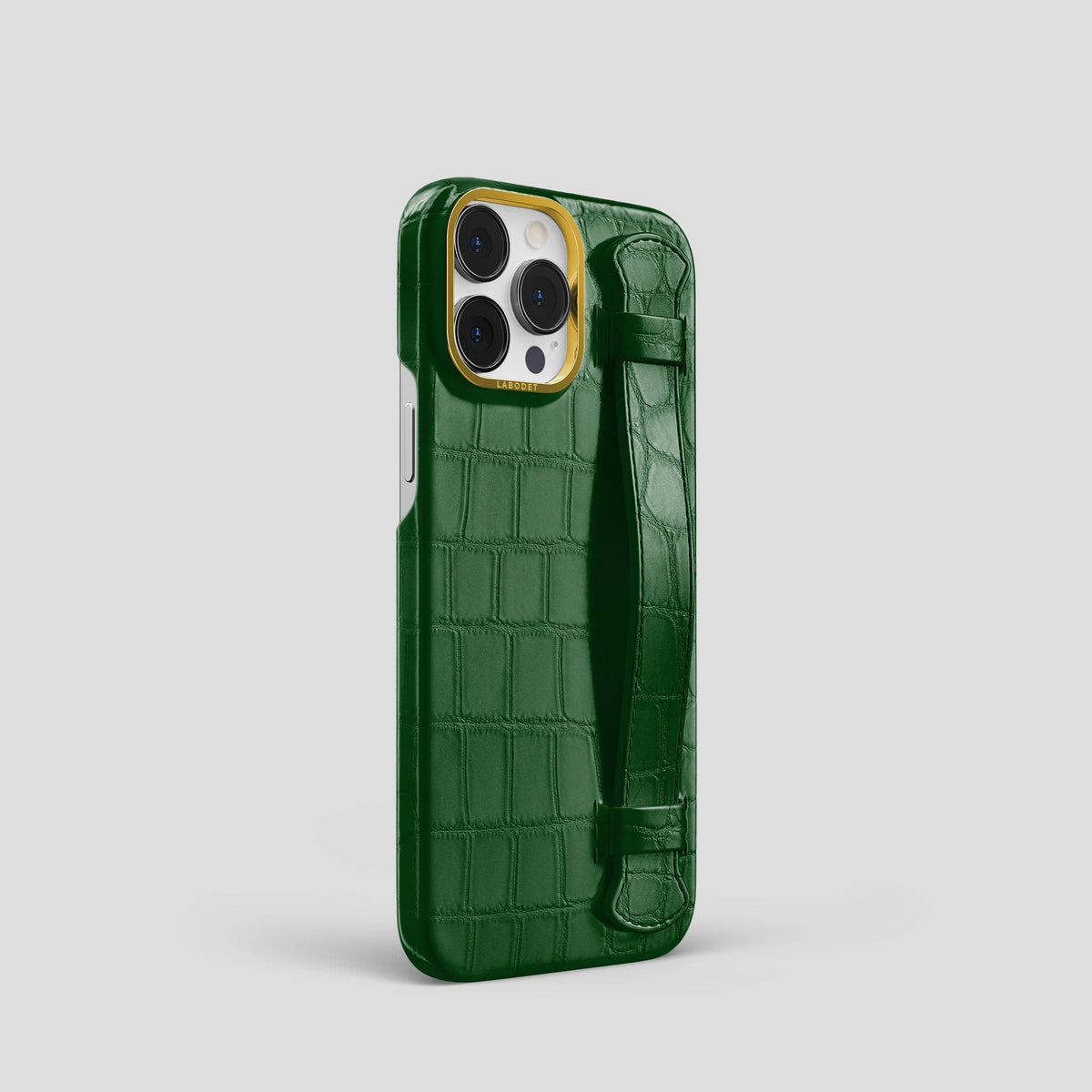 Forest-Green iPhone 14 Pro Strap Case Alligator with Gold Metal -2 | Forest-Green-Gold