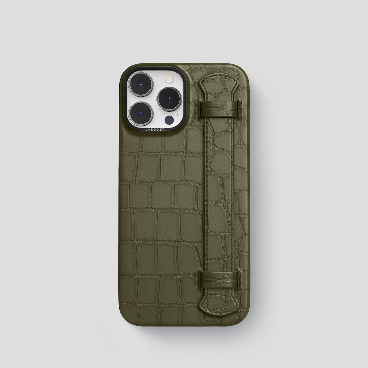 Kaki-Green iPhone 14 Pro Strap Case Alligator with Black Metal -1 | Kaki-Green-Black