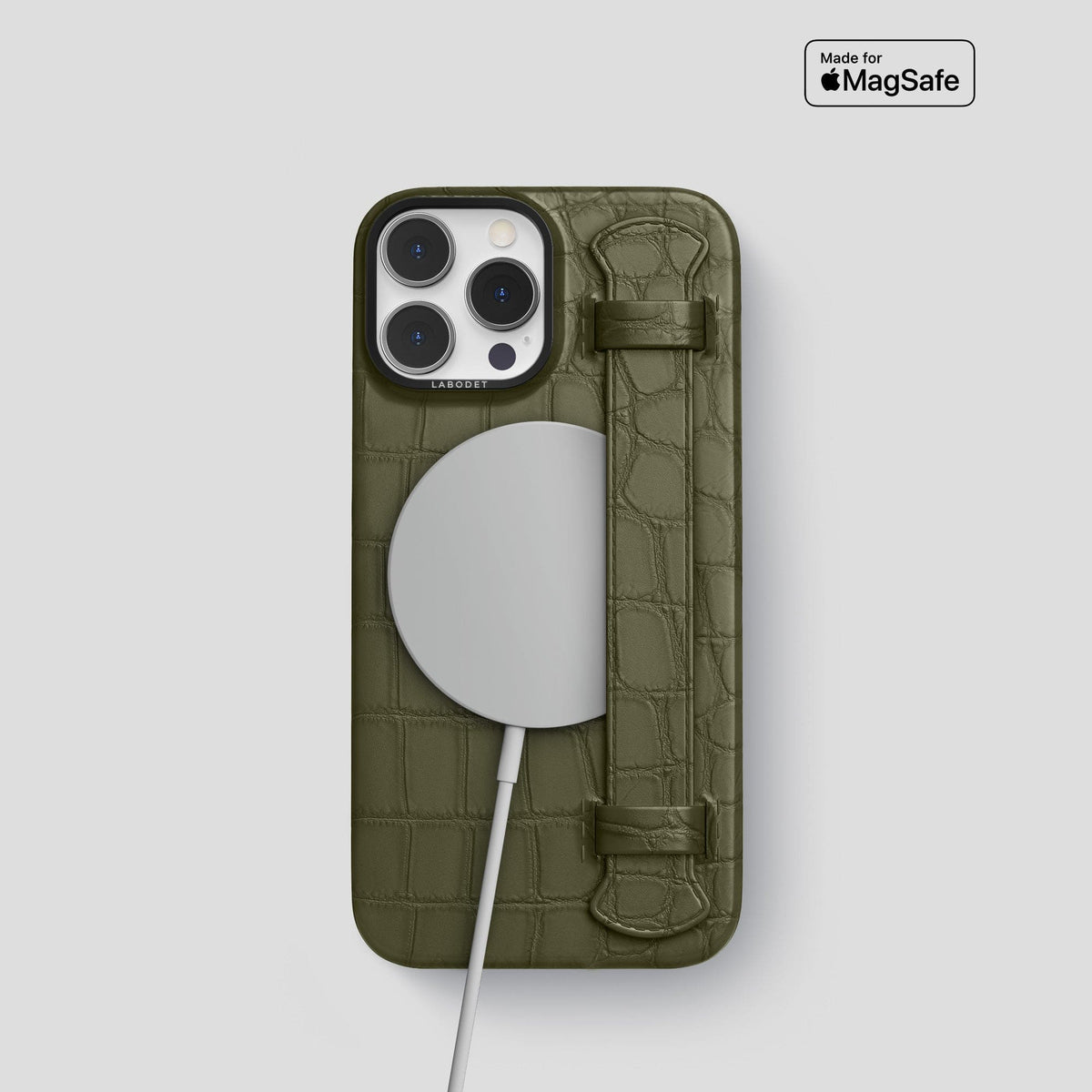 Kaki-Green iPhone 14 Pro Strap Case Alligator with Black Metal -4 | Kaki-Green-Black