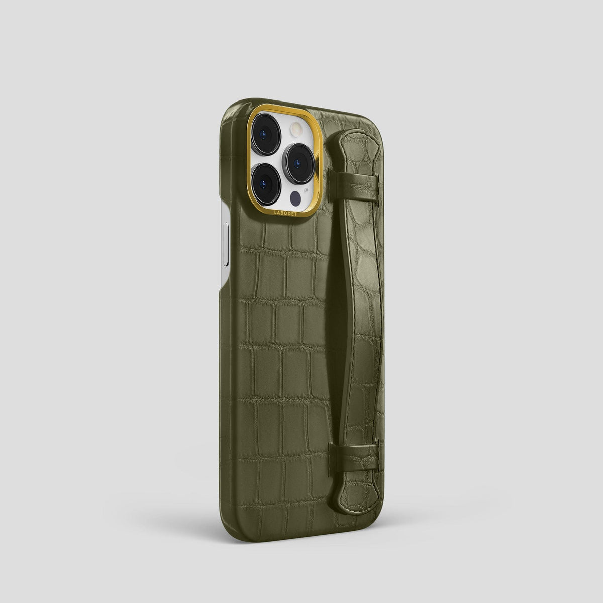 Kaki-Green iPhone 14 Pro Strap Case Alligator with Gold Metal -2 | Kaki-Green-Gold