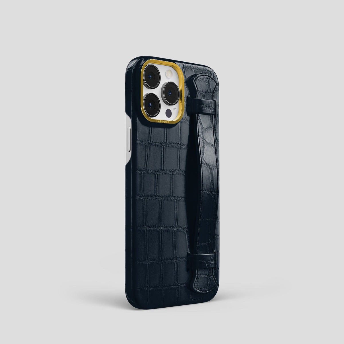 Navy Blue iPhone 14 Pro Strap Case Alligator with Gold Metal -2 | Navy-Blue-Gold