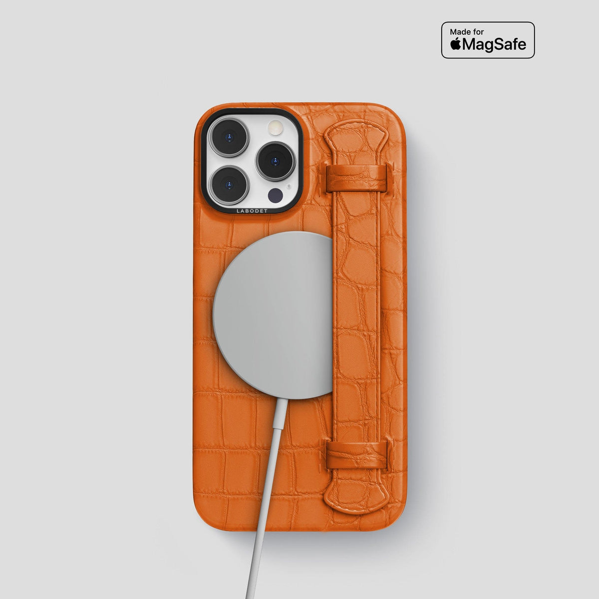 Orange iPhone 14 Pro Strap Case Alligator with Black Metal -4 | Orange-Black