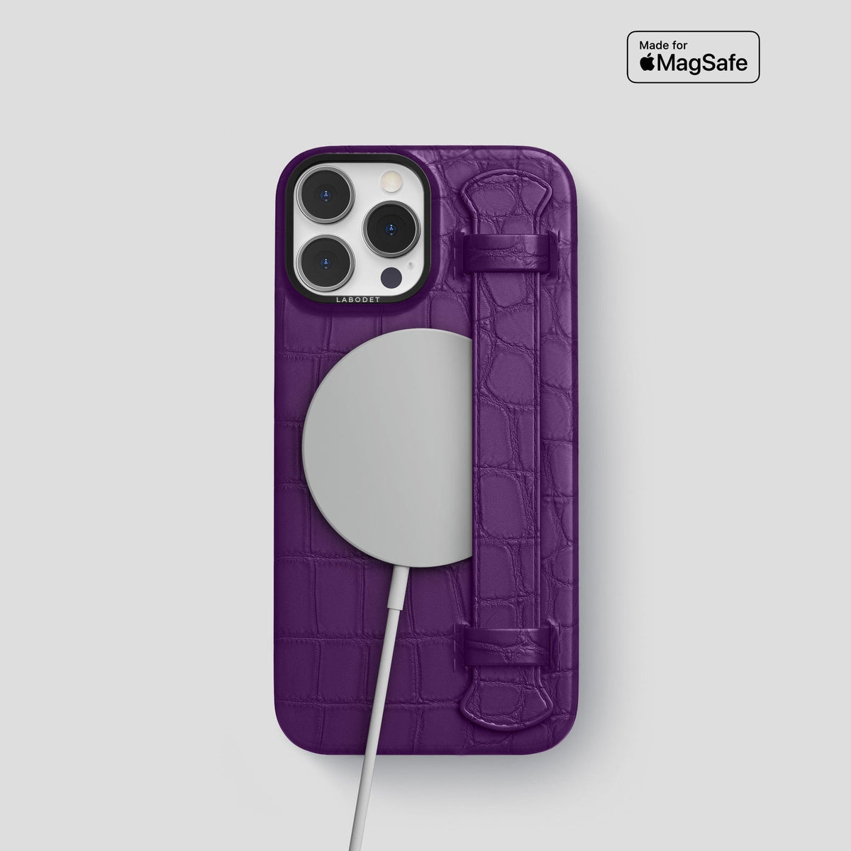 Purple iPhone 14 Pro Strap Case Alligator with Black Metal -4 | Purple-Black
