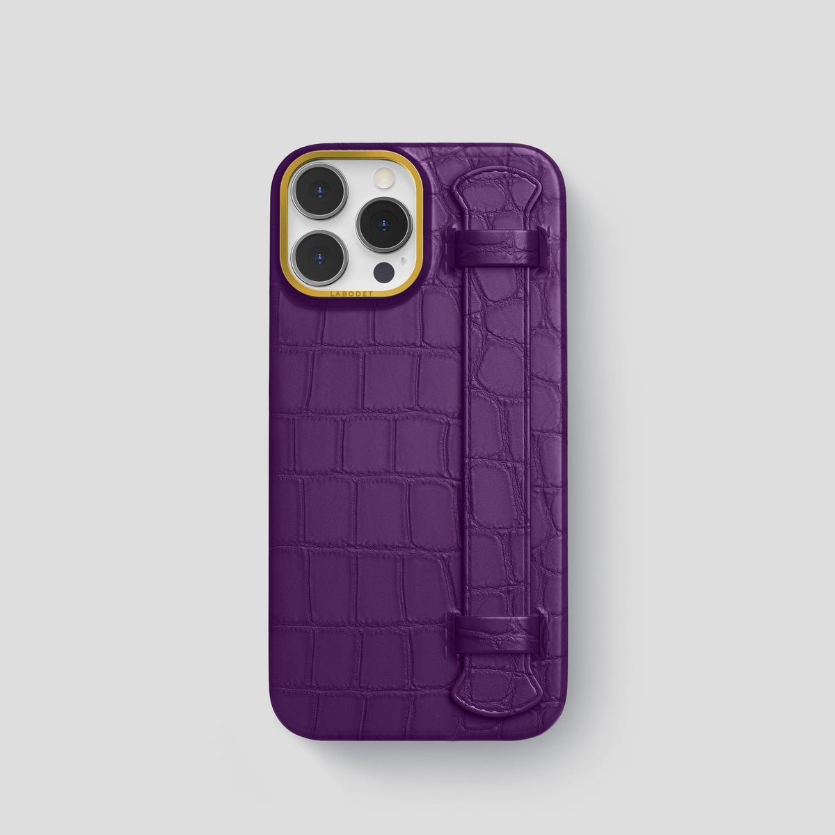 Purple iPhone 14 Pro Strap Case Alligator with Gold Metal -1 | Purple-Gold