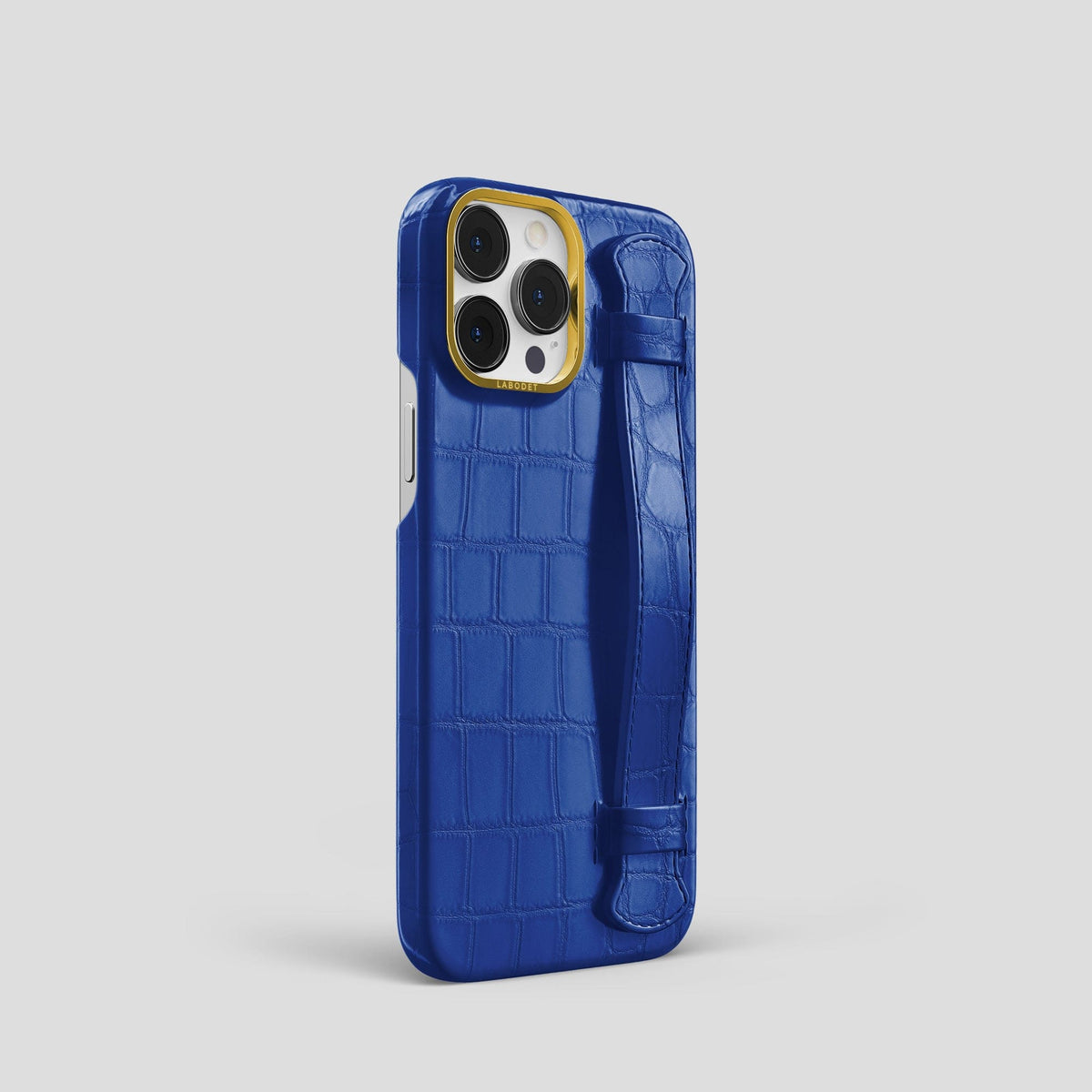 Royal Blue iPhone 14 Pro Strap Case Alligator with Gold Metal -2 | Royal-Blue-Gold
