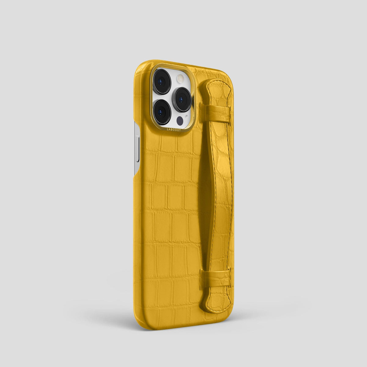 Yellow iPhone 14 Pro Strap Case Alligator with Gold Metal -2 | Yellow-Gold