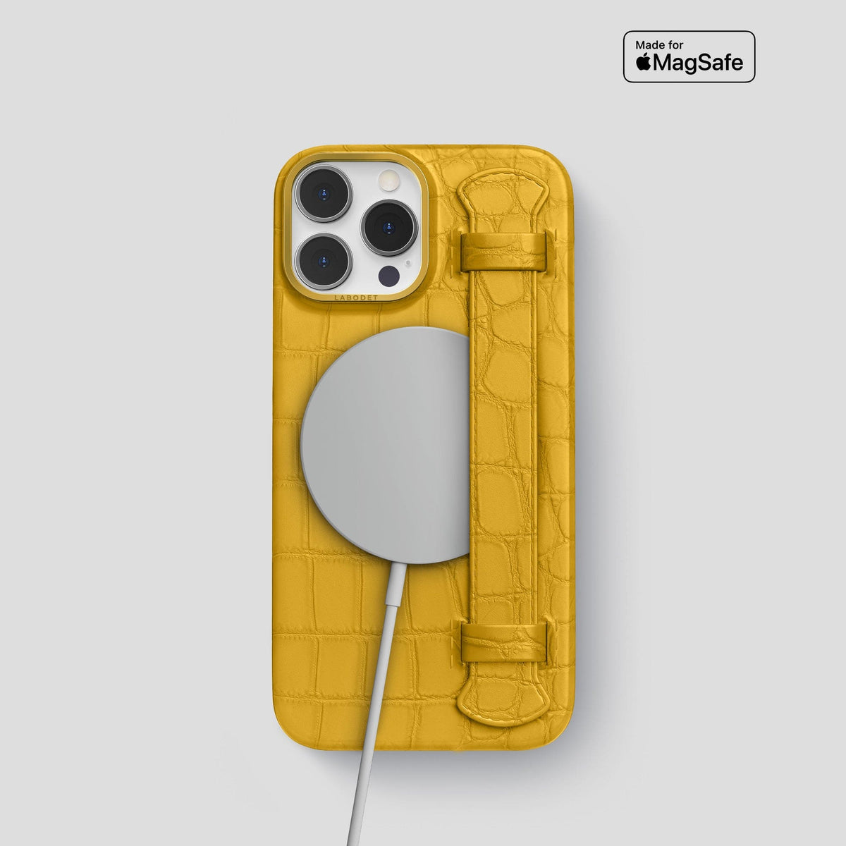 Yellow iPhone 14 Pro Strap Case Alligator with Gold Metal -4 | Yellow-Gold