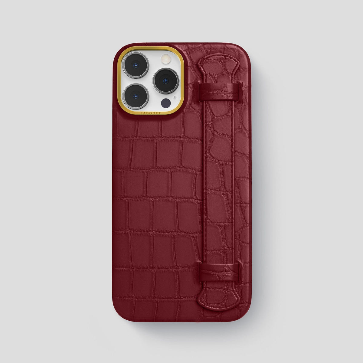 Burgundy iPhone 14 Pro Max Strap Case Alligator with Gold Metal -1 | Burgundy-Gold