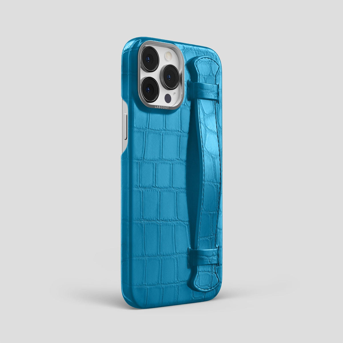 Curaçao-Blue iPhone 14 Pro Max Strap Case Alligator with Steel Metal -2 | Curaçao-Blue-Steel