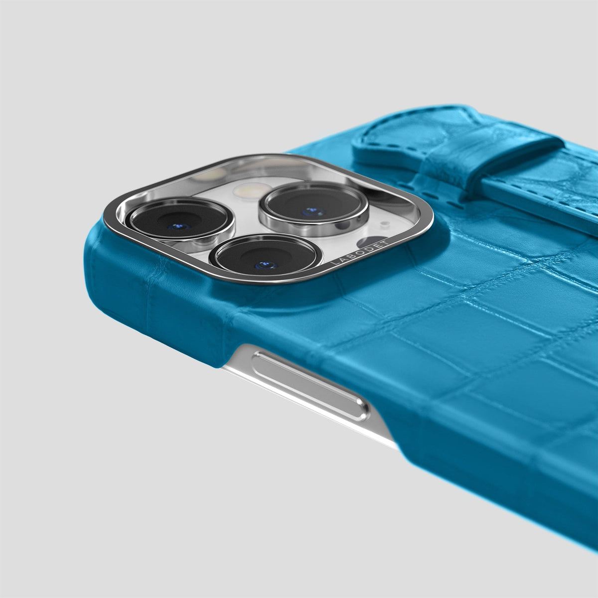 Curaçao-Blue iPhone 14 Pro Max Strap Case Alligator with Steel Metal -5 | Curaçao-Blue-Steel