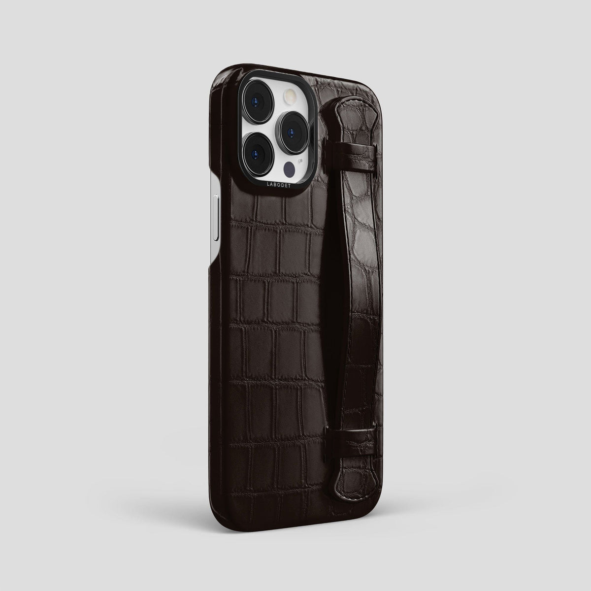 Dark Brown iPhone 14 Pro Max Strap Case Alligator with Black Metal -2 | Dark-Brown-Black