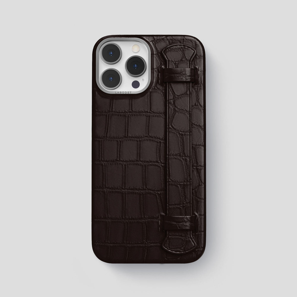 Dark Brown iPhone 14 Pro Max Strap Case Alligator with Steel Metal -1 | Dark-Brown-Steel