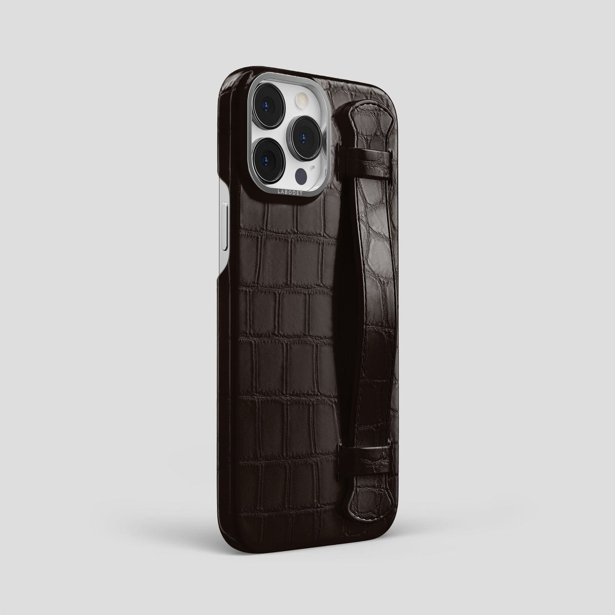 Dark Brown iPhone 14 Pro Max Strap Case Alligator with Steel Metal -2 | Dark-Brown-Steel