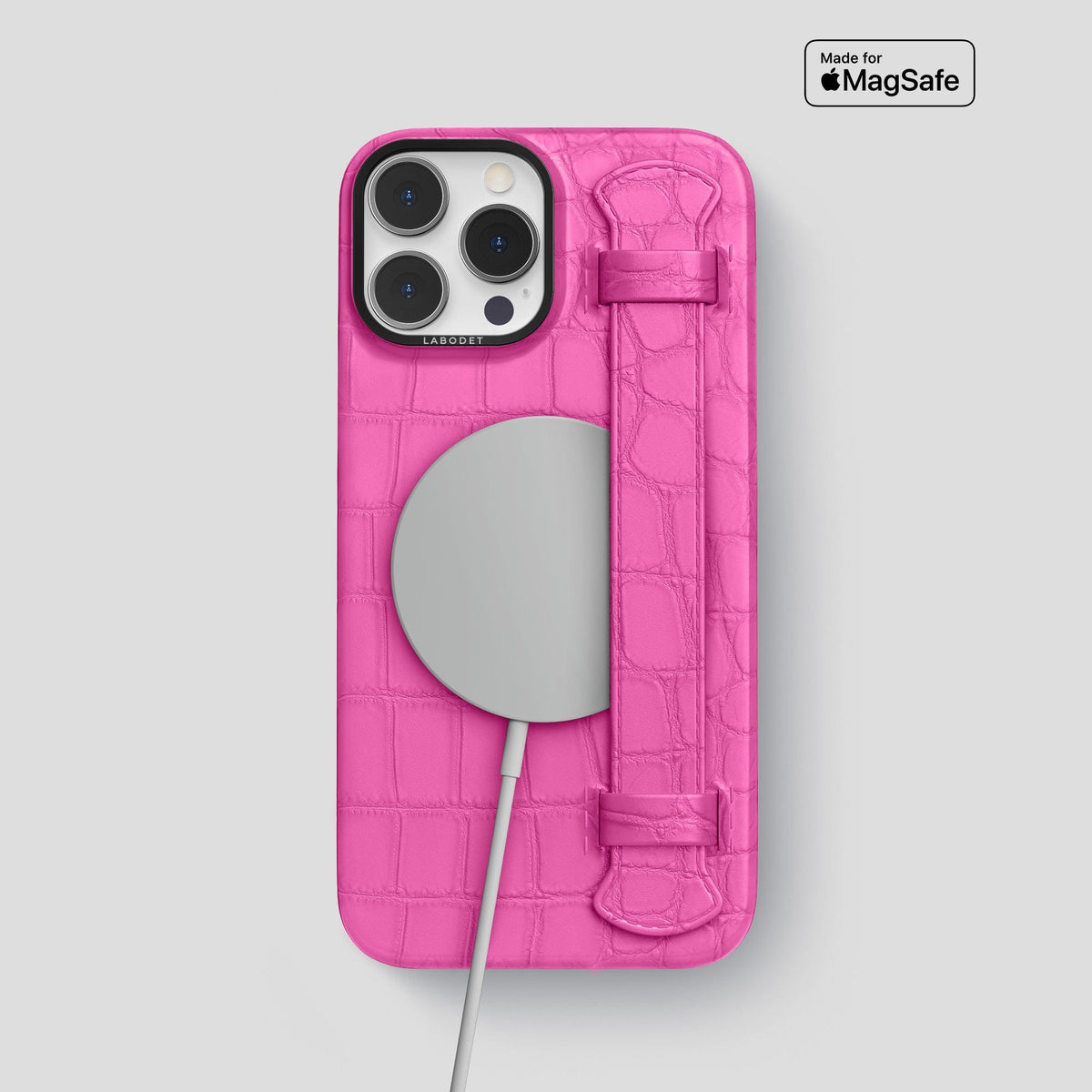 Fuchsia iPhone 14 Pro Max Strap Case Alligator with Black Metal -4 | Fuchsia-Black