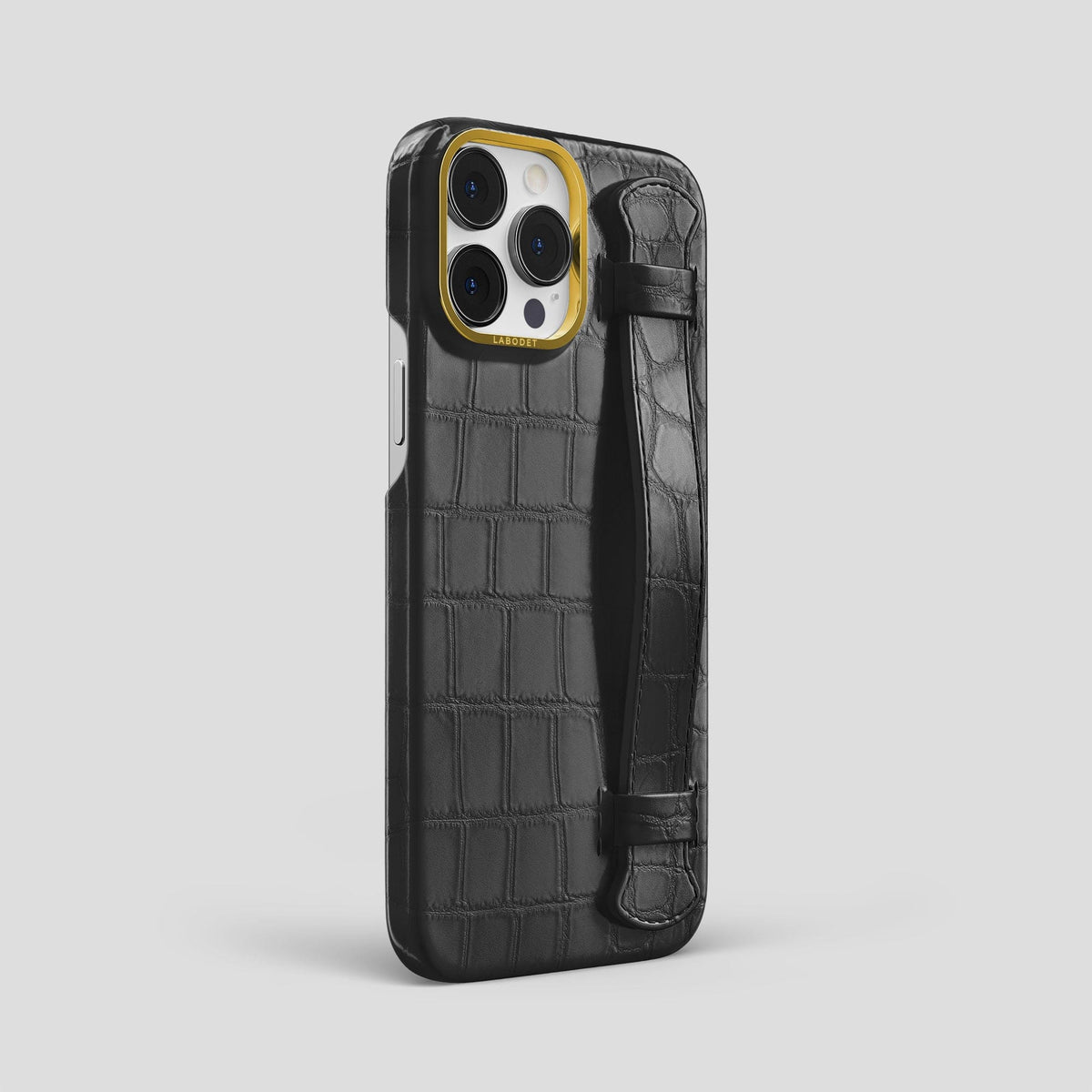 Grey iPhone 14 Pro Max Strap Case Alligator with Gold Metal -2 | Grey-Gold