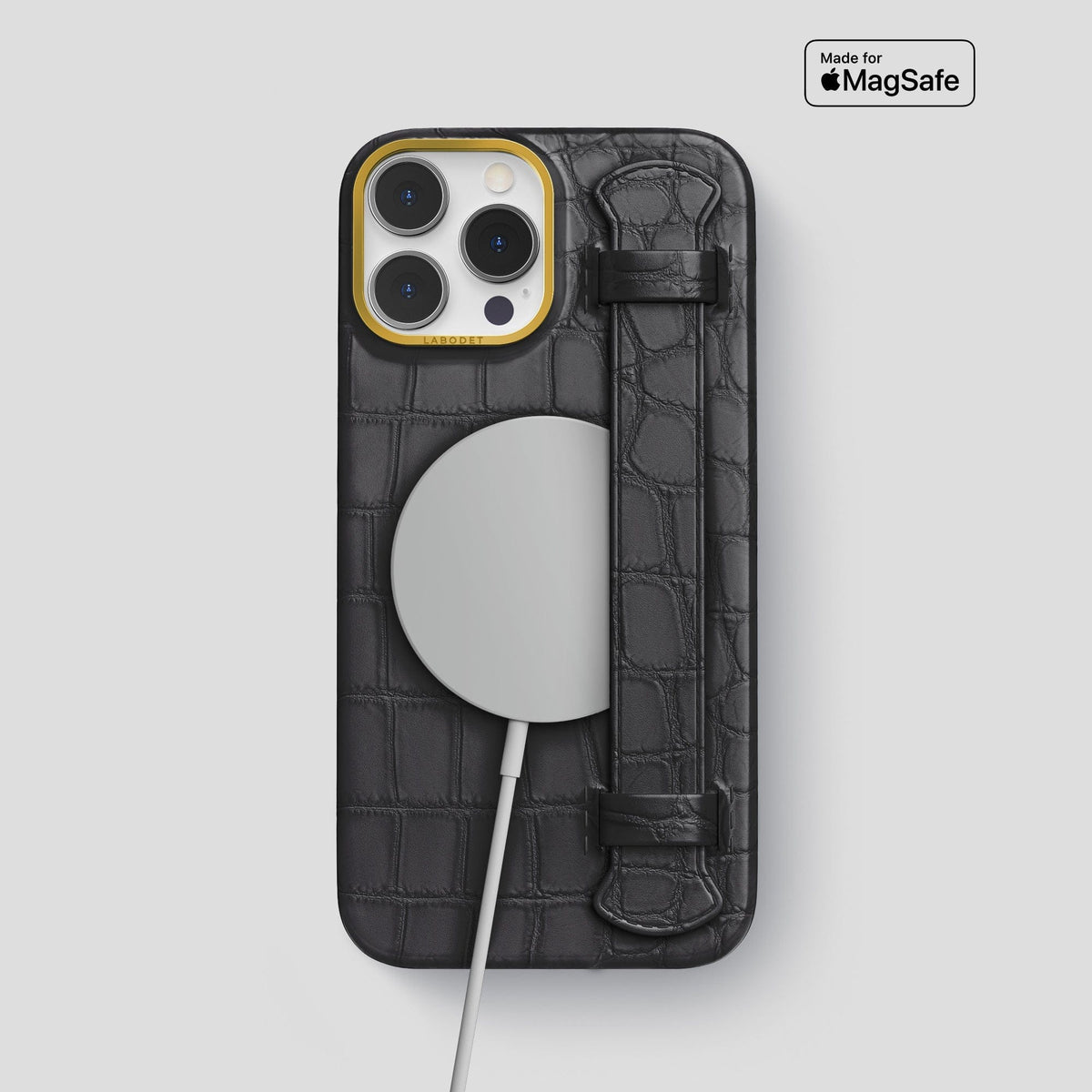 Grey iPhone 14 Pro Max Strap Case Alligator with Gold Metal -4 | Grey-Gold