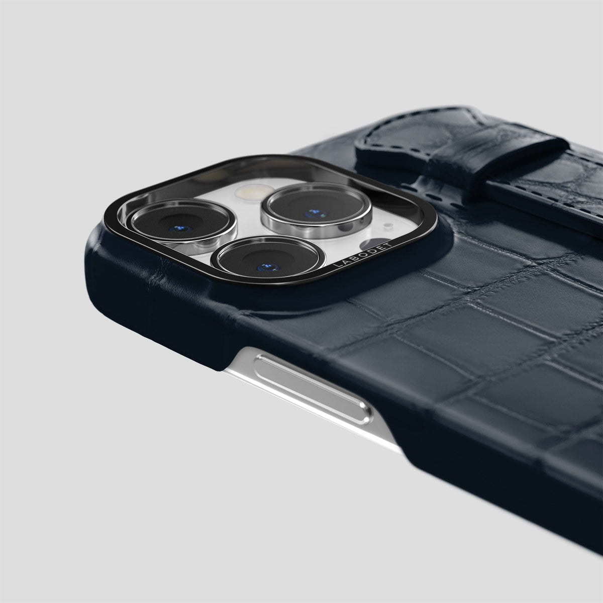 Navy Blue iPhone 14 Pro Max Strap Case Alligator with Black Metal -5 | Navy-Blue-Black