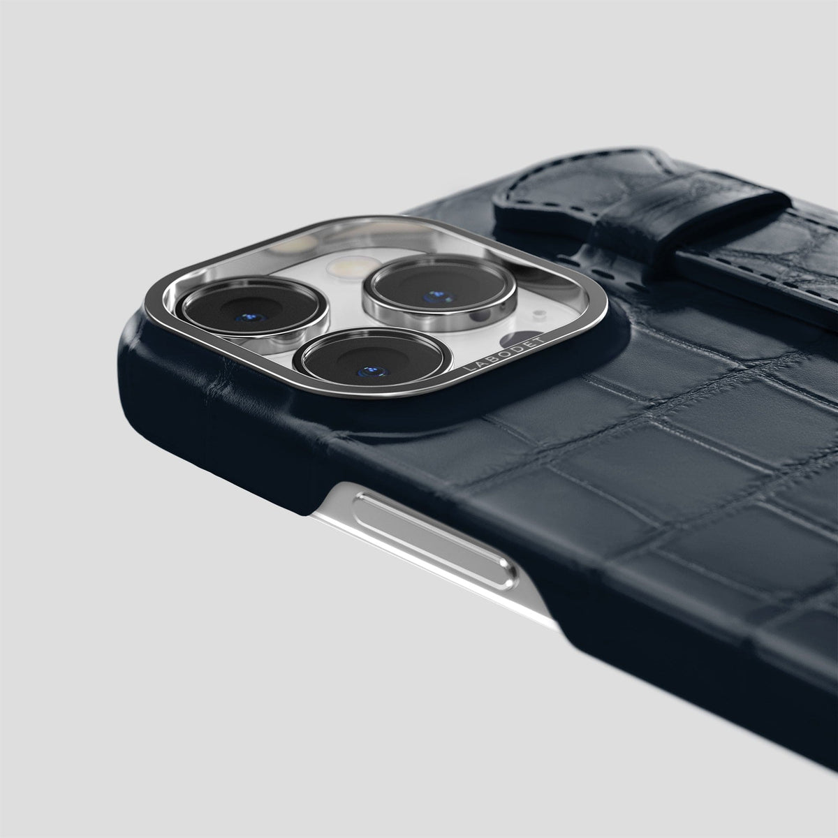 Navy Blue iPhone 14 Pro Max Strap Case Alligator with Steel Metal -5 | Navy-Blue-Steel