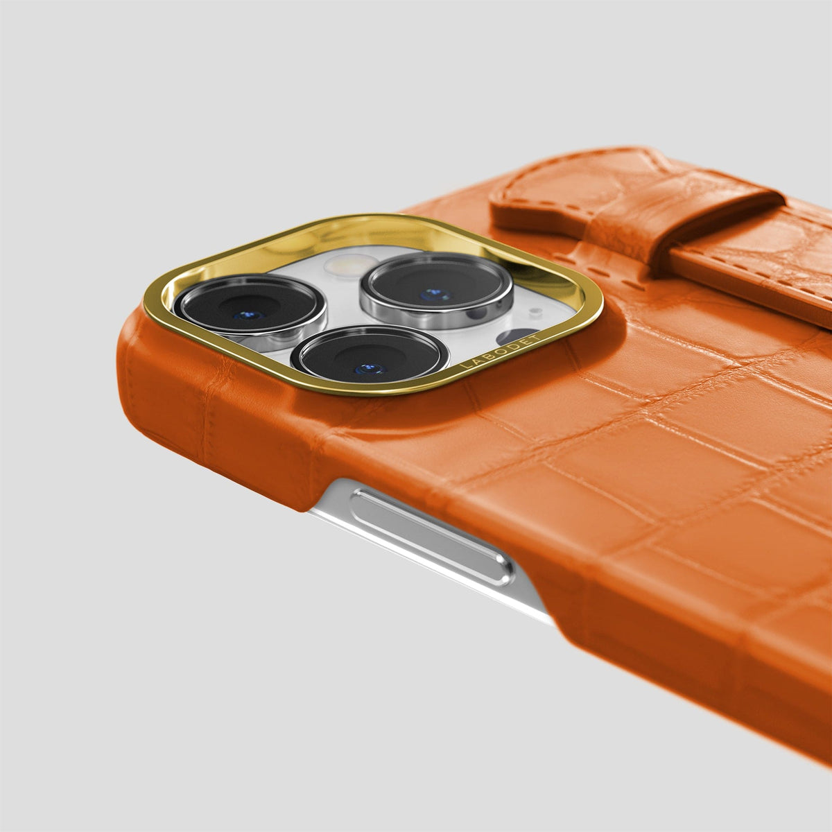 Orange iPhone 14 Pro Max Strap Case Alligator with Gold Metal -5 | Orange-Gold