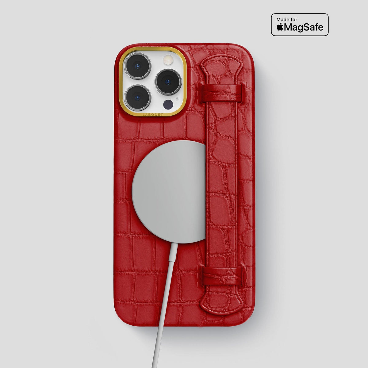 Red iPhone 14 Pro Max Strap Case Alligator with Gold Metal -4 | Red-Gold