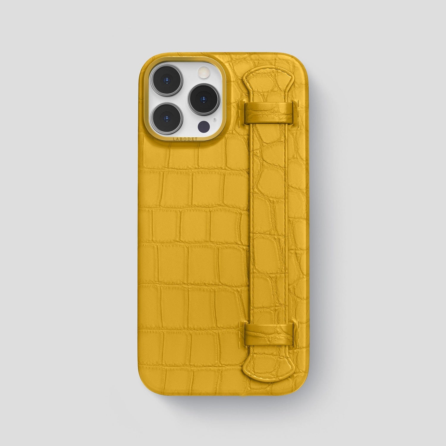 Yellow iPhone 14 Pro Max Strap Case Alligator with Gold Metal -1 | Yellow-Gold