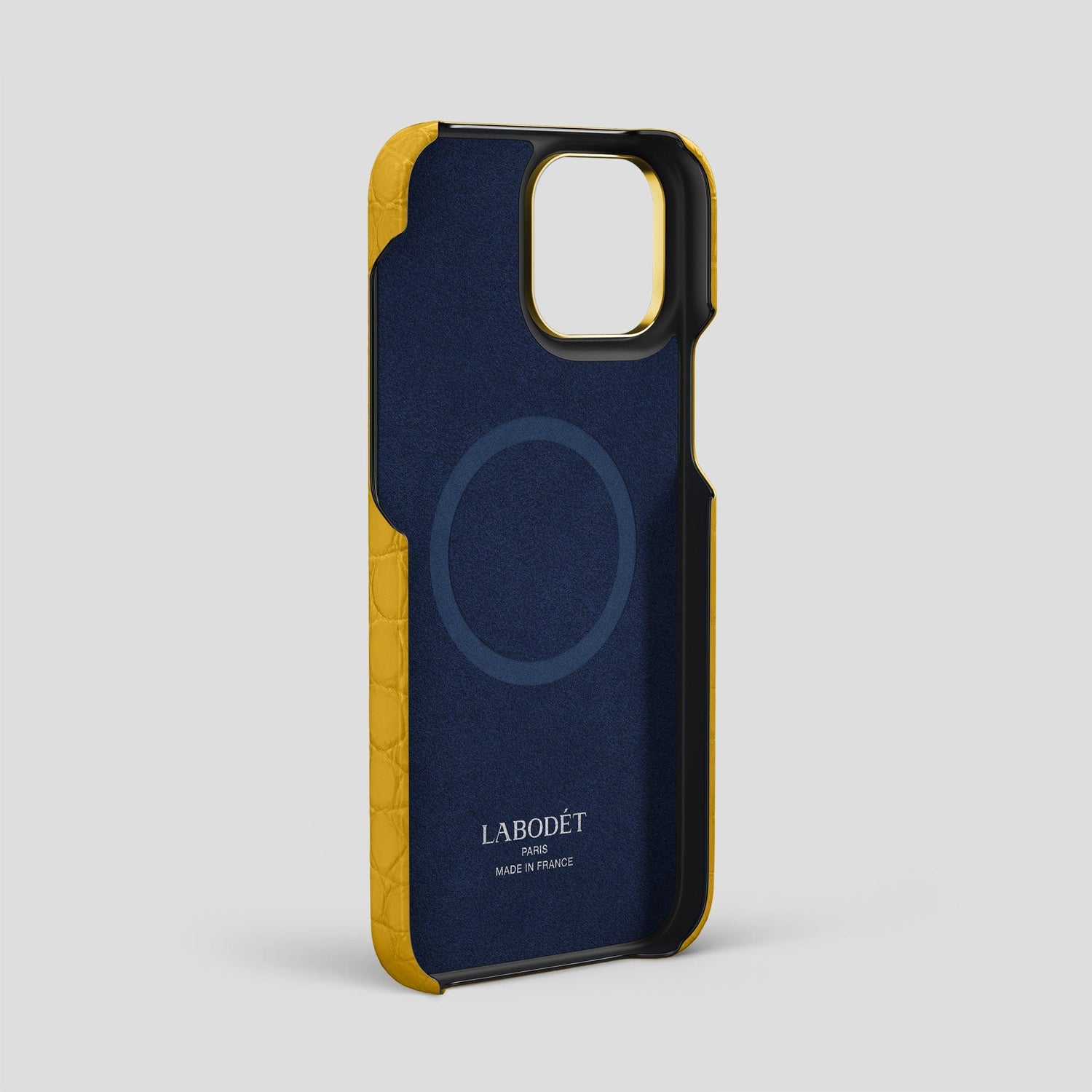 Yellow iPhone 14 Pro Max Strap Case Alligator with Gold Metal -3 | Yellow-Gold
