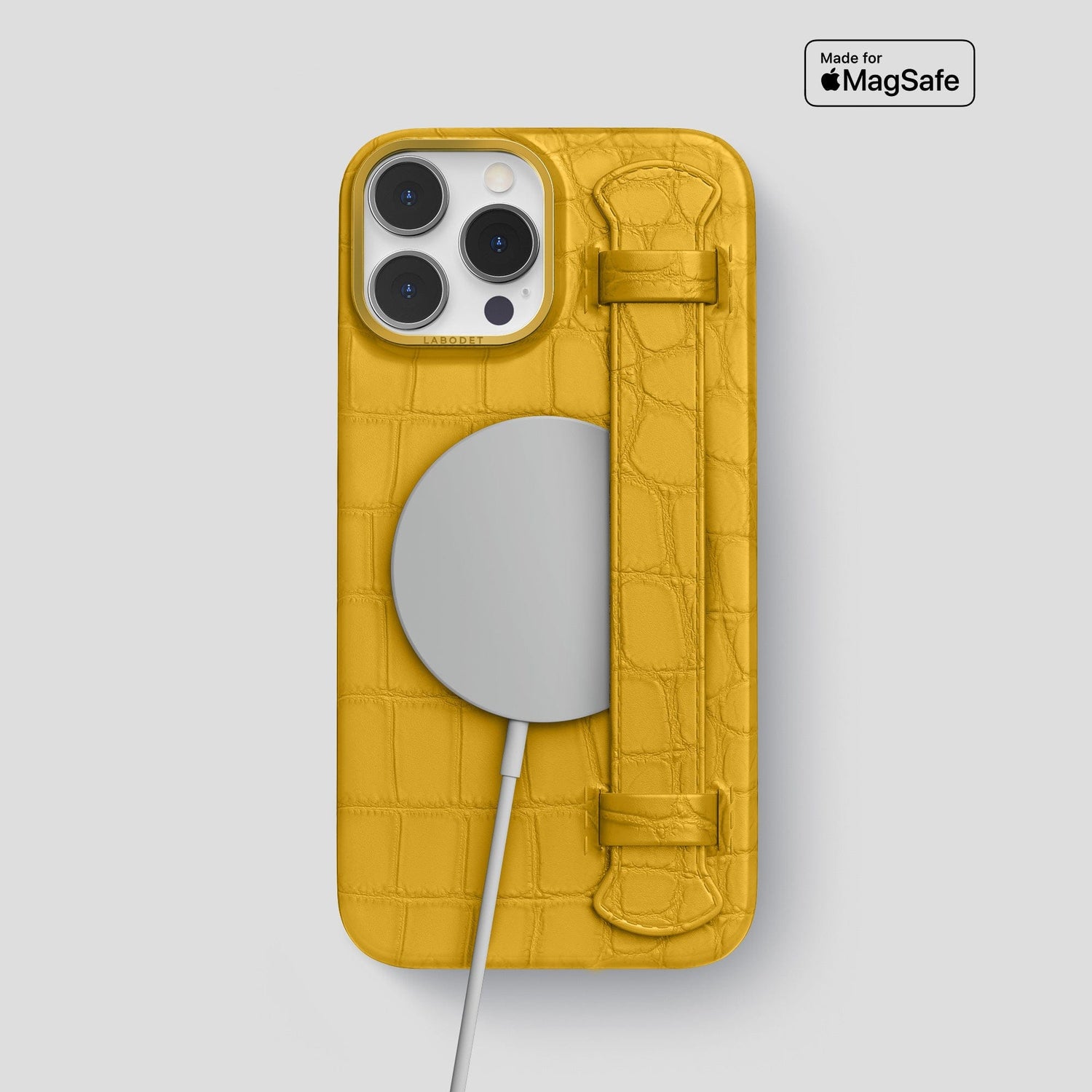 Yellow iPhone 14 Pro Max Strap Case Alligator with Gold Metal -4 | Yellow-Gold