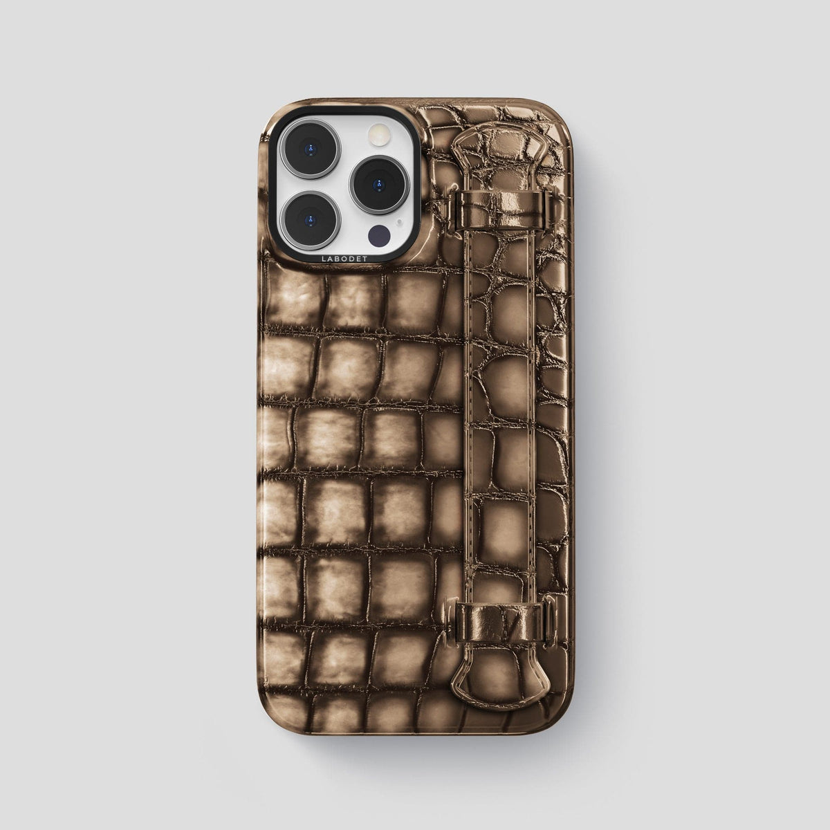 Etoupe iPhone 14 Pro Max Strap Case Patina Alligator with Black Metal -1 | Etoupe-Black