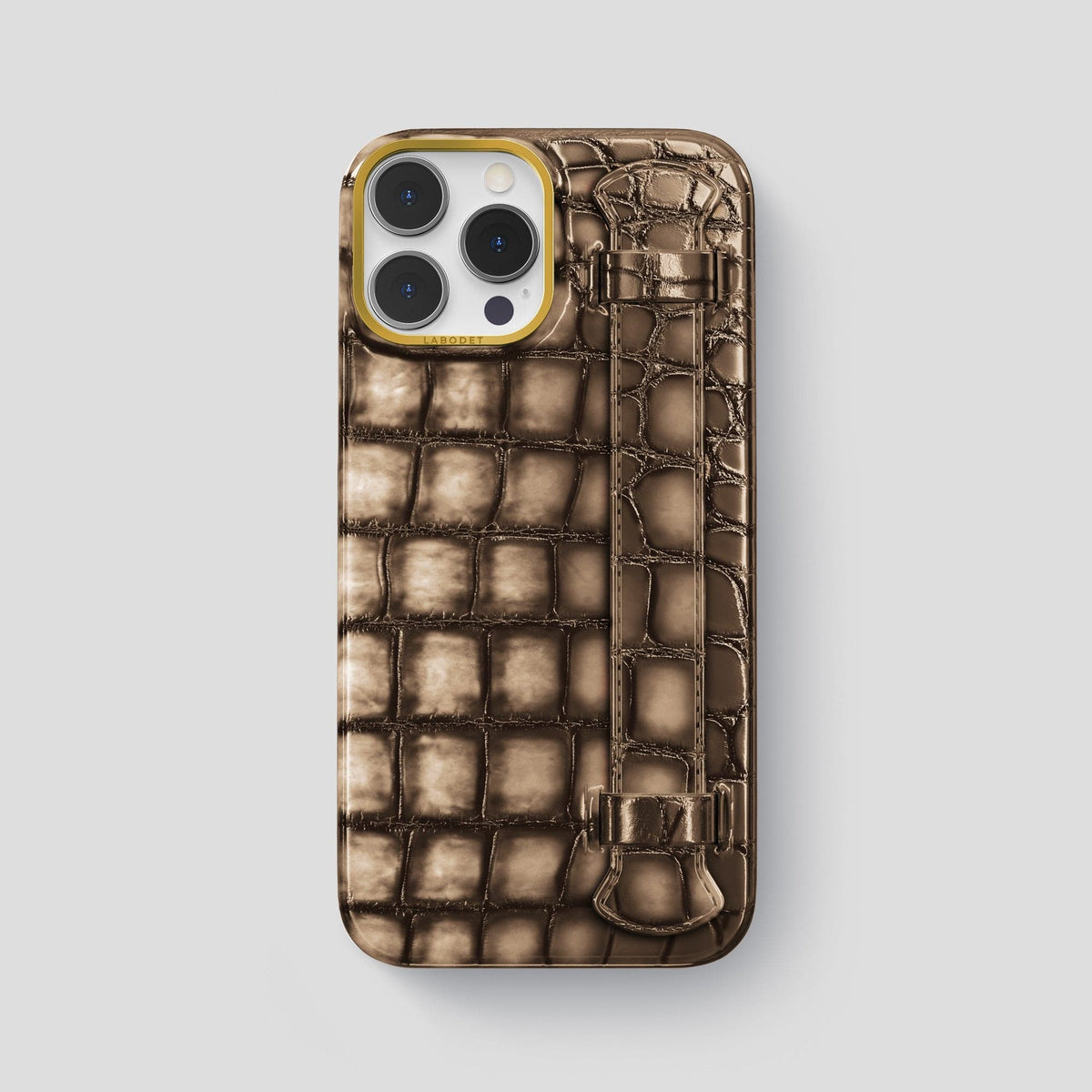 Etoupe iPhone 14 Pro Max Strap Case Patina Alligator with Gold Metal -1 | Etoupe-Gold