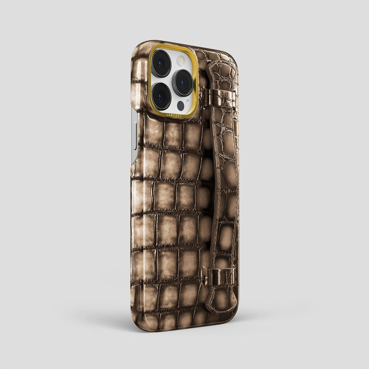 Etoupe iPhone 14 Pro Max Strap Case Patina Alligator with Gold Metal -2 | Etoupe-Gold