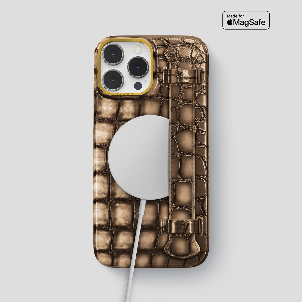 Etoupe iPhone 14 Pro Max Strap Case Patina Alligator with Gold Metal -5 | Etoupe-Gold