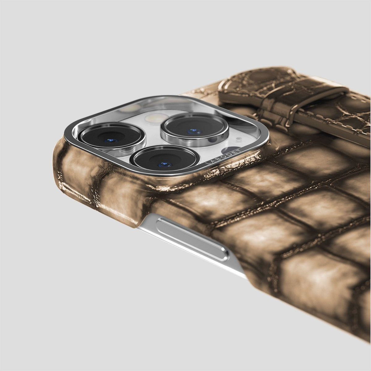 Etoupe iPhone 14 Pro Max Strap Case Patina Alligator with Steel Metal -6 | Etoupe-Steel