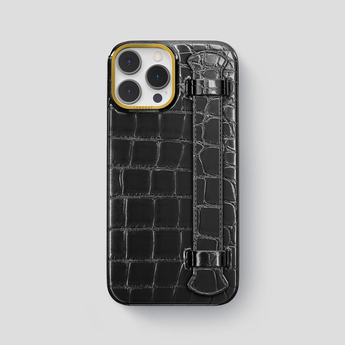 Havana-Black iPhone 14 Pro Max Strap Case Patina Alligator with Gold Metal -1 | Havana-Black-Gold